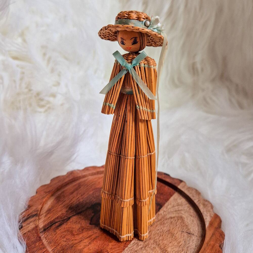 Straw Doll Figurine Woman in Dress Hat Shawl Hand Painted Folk Art Decor